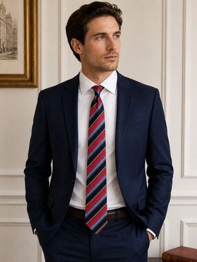 JZ Richards‎ Silk Tie Red Blue Striped Handmade USA Classic